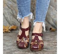 ISZI Sandales Confortables pour Femme Sandales Orthopédiques en Cuir PU Compensées Sandale À Bout Fermé Été Vintage Mode Sangle Chaussures de Plage,Rouge,US4/EU35