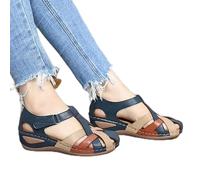 ISZI Sandales Confortables pour Femme Sandales Orthopédiques en Cuir PU Compensées Sandale À Bout Fermé Été Vintage Mode Sangle Chaussures de Plage,Bleu,US8/EU39
