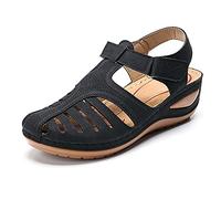 ISZI Sandales Femme Plates Eté Chaussures Mode Casual Compensées Bout Fermé Faux PU Sangle Creuse Chaussures Vintage Chaussures de Plage,Noir,US11/EU42