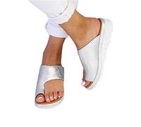 ISZI Sandales Orthopédiques Femmes Confortable Compensées Hallux Valgus Sandales Bout Ouvert Plateforme Pantoufles Plateforme Slingback Cuir Chaussures de Plage,Blanc,EU39/US7.5