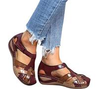 ISZI Sandales Orthopédiques Femmes Confortable Compensées Sandale À Bout Fermé Été Plateforme Vintage Chaussures en Cuir PU Sandales Sangle Chaussures de Plage,Rouge,US7/EU38