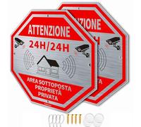 IT Panneau de surveillance vidéo 24H pour des raisons de sécurité en aluminium, 2 CCTV panneau 20 x 20 cm, panneaux de surveillance vidéo pour magasin signalisation en italien