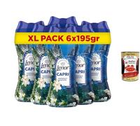 Italian Gourmet Bundle Lot de 6 parfums à linge Capri 195 g + pulpe italienne Gourmet gratuite - Perles parfumées pour le linge, gardénie et jacinthe selon l'emballage, pack XL, stock ménager, 1,17 kg