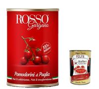 Italian Gourmet - Rosso Gargano Tomates Cerises Entières “Pomodorini di Puglia” 100% Italien en Boîte - Idéales Pizza, Pâtes, Sauce Rapide, Cuisine Méditerranéenne 24 x 400 g + Italian Gourmet Polpa