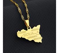 Italie Sicile Carte Pendentif Colliers,Carte De Sicile avec Nom De La Ville Collier Amulette,Unisexe Hip Hop Mode Style Fête Anniversaire Cadeau,Or,60Cm Chaîne
