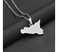 Italie Sicile Carte Pendentif Colliers,Carte De Sicile avec Nom des Villes Collier Amulette,Unisexe Hip Hop Mode Style Fête Anniversaire Cadeau,Argent,60Cm Chaîne