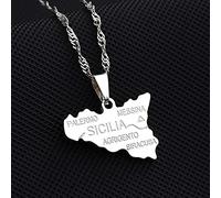 Italie Sicile Carte Pendentif Colliers,Carte Sicile avec Nom De La Ville Collier Amulette,Unisexe Hip Hop Mode Style Fête Anniversaire Cadeau,Argent,45Cm Chaîne