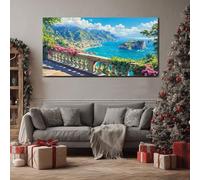 Italienne Terrasse Bord de Mer Grande Impression sur Toile Tableau Mural Bleu Océan Horizon Pour Salon Moderne, Art Decoratif Romantique Scène Vacances Photo pour Chambre Cadre en Bois 60x120 cm