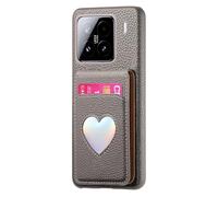 iTape Étui de téléphone intégré avec porte-cartes Litchi-grain pour Xiaomi Mi 15, toucher doux, fente pour carte pliable avec miroir de maquillage, et cœurs laser anti-chute sur les quatre coins de la