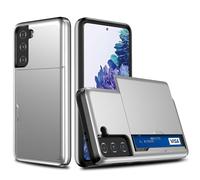 iTape Slide Card Case Coque pour Samsung Galaxy S21 FE avec fente pour carte de crédit, cadre surélevé, double couche d'absorption des chocs, pare-chocs solide argenté