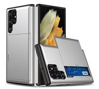 iTape Slide Card Case Coque pour Samsung Galaxy S22 Ultra avec fente pour carte de crédit, cadre surélevé, double couche d'absorption des chocs, pare-chocs solide argenté