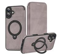 iTape Support rotatif à 360° pour iPhone 16 Plus, étui portefeuille à rabat avec [porte-cartes de crédit] [blocage RFID], compatible avec le chargement magnétique sans fil, gris