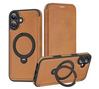 iTape Support rotatif à 360° pour iPhone 16 Plus, étui portefeuille à rabat avec [porte-cartes de crédit] [blocage RFID], support à rabat, compatible avec le chargement magnétique sans fil marron