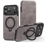 iTape Support rotatif à 360° pour iPhone 17 Pro Max, étui portefeuille à rabat avec [porte-cartes de crédit] [blocage RFID], support à rabat, compatible avec le chargement magnétique sans fil, gris