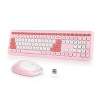 iTastatur Ensemble clavier et souris sans fil pour machine à écrire, 2,4 G, 104 touches, style punk, rétro, mignon, avec touches rondes pour ordinateur portable, PC, ordinateur de bureau (rose/blanc)
