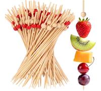 ITCGOB 200 Piques Apéritif en Bambou - Cure-Dents Jetables avec Perles Rouges et Naturelles - Pic à Brochette Bois 12cm pour Cocktails, Fruits, Buffet, Fêtes et Mariages