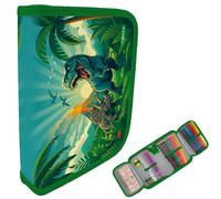 itenga Trousse garnie de 28 pièces pour garçon - Trousse d'écolier 1 fermeture éclair avec stylos, règle et accessoires - Trousse d'école primaire, Motif dinosaure World, Poche supplémentaire
