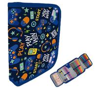 itenga Trousse garnie de 28 pièces pour garçon - Trousse d'écolier 1 fermeture éclair avec stylos, règle et accessoires - Trousse d'école primaire, Motif Play And Win, Poche supplémentaire