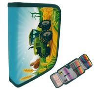 itenga Trousse garnie de 28 pièces pour garçon - Trousse d'écolier 1 fermeture éclair avec stylos, règle et accessoires - Trousse d'école primaire, Motif tracteur Turbo Trak, Poche supplémentaire