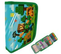 itenga Trousse garnie de 28 pièces pour garçon - Trousse d'écolier 1 fermeture éclair avec stylos, règle et accessoires - Trousse d'école primaire, Motif Blockgame Pixel, Poche supplémentaire