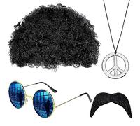 Itian Accessoires de Costume Hippie 4 pièces, Perruque Afro, Lunettes de Soleil, Fausse Moustache pour la Fête ou Halloween