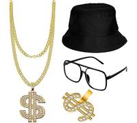 Itian Kit de Déguisement Hip Hop, Ensemble de 4 pièces, Lunettes, Chapeau, Pendentif, Bague, Ensemble de Costumes Hip-hop des Années 80/90, Style Punk, Unisexe