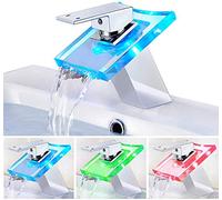Itian Mitigeur Lavabo Cascade LED, Robinets de Lavabo, Bassin évier Mitigeur Robinet Cascade Verre pour évier de Cuisine et Salle de Bains