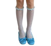 Itkcozcg Chaussettes hautes en résille creuses pour femme avec bordure à volants au-dessus du mollet pour l'été et le printemps, bleu clair, XXS-XXL