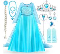 ITMNMNL Déguisement Princesse Elsa Fille Robe, Robe Princesse Elsa,Reine des Neiges Deguisement avec Accessoires de Baguette Magique, Enfant pour Enfant Cosplay Noël costume Carnaval(120)