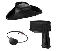 ITODA 3 PCS Accessoires de Costume Pirate Adulte Accessoire de Capitaine Pirate Cache-oeil Ceinture Chapeau Tricorne Costume Médiéval pour Halloween Carnaval Cosplay Fête à Thème Spectacle, Noir