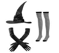 ITODA 3 PCS Accessoires de Costume Sorcière Femme Chapeau Sorcière Collants à Rayures et Gants Accessoire Déguisement pour Halloween Carnaval Mascarade Cosplay Fête Costumée Réunion de Famille, Noir