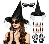 ITODA 4 PCS Costume de Sorcière pour Femme Ensemble de Chapeau de Sorcière Lunettes Gants de Squelettes et Ongles Longs pour Halloween Accessoire de Démon pour Halloween Carnaval Cosplay Mascarade