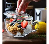 ITODA 550ml Tasse en Verre Micro-Ondes avec Couvercle en Verre, Coupe de Café Ronde Tasses à Petit-déjeuner avec Poignée Coupe à Lait à Grande Bouche pour Soupe Latte Café Céréales Crème Glacée
