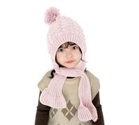 ITODA Bonnet Bébé Enfant Hiver Bonnet Casquette et Écharpe Tricoté 2-en-1 Bonnet et Tour de Cou Mignon Cagoule en Tricot Cache-Cou Bonnet Cache-Oreilles Chaud avec Pompon pour 2-10 Ans, 48-55cm, Rose