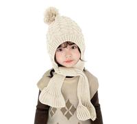 ITODA Bonnet Bébé Enfant Hiver Bonnet Casquette et Écharpe Tricoté 2-en-1 Bonnet et Tour de Cou Mignon Cagoule en Tricot Cache-Cou Bonnet Cache-Oreilles Chaud avec Pompon pour 2-10 Ans, 48-55cm
