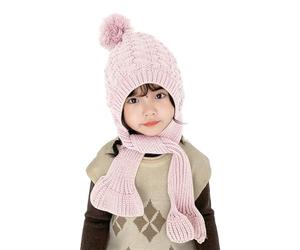 ITODA Bonnet Bébé Enfant Hiver Bonnet Casquette et Écharpe Tricoté 2-en-1 Bonnet et Tour de Cou Mignon Cagoule en Tricot Cache-Cou Bonnet Cache-Oreilles Chaud avec Pompon pour 2-10 Ans, 48-55cm, Rose