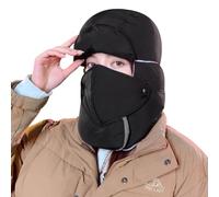 ITODA Cagoule Hiver avec Masque Amovible Coupe-Vent Chapeau de Trappeur Imperméable Bonnet d'aviateur avec Masque Détachable Chaude Chapka d'hiver 3 en 1 Doublure Polaire, Noir