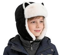 ITODA Enfants Chapka Chapeau d'hiver avec Oreillette Protéger Oreilles Bonnet d'aviateur Russe en Velours Casquette Épais Thermique Chapeau de Ski Extérieur pour Filles et Garçons 6-14 Ans, Noir