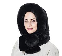 ITODA Femme Cagoule Hiver Chaud Balaclava avec Cache-Cou Bonnet et Ensemble de Tour de Cou avec Pompon Cagoule Femme Hiver avec Doublure Polaire Épais Cagoule Thermique Protège-Cou, Noir