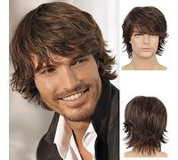 Itonash Perruque Courte pour Hommes, Cheveux Synthétiques Droits avec une Longue Frange pour le Cosplay, Taille Réglable Résistante à la Chaleur Adaptée à la Peau, Marron 8,7 Pouces,