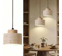 ITOSUI Lustre Suspendu cylindrique en Pierre Naturelle pour îlot de Cuisine et Salle à Manger, Style Nordique en travertin avec Accents de Bois, Petite Suspension E27 (Nature 1 Article, 12 x 11 cm)