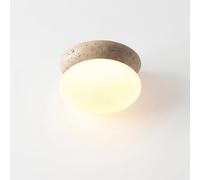 ITOSUI Plafonnier Moderne en travertin, Rond, Jaune, Style Japonais, avec Globe en Verre et Pierre Naturelle et Base en Bois, idéal pour Une entrée ou Un Couloir.