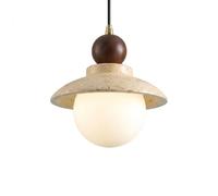 ITOSUI Suspension Moderne LED 3 Couleurs en travertin, en Pierre Naturelle et Bois de Noyer, avec Globe en Verre dépoli. Luminaire idéal pour Couloir, Chambre ou entrée, Style Japonais.