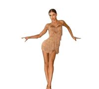 ITRHJTGP Robe de Danse Latine à Franges Robe à Franges for Femmes, Costume de compétition Danse Cha Rumba Tango, vêtements latins pour Spectacle(Coffee Color,L)