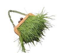 ITRHJTGP Sac à Plumes Sac à main en plumes avec cadre bois for femme, sac chaîne, fourre-tout, de luxe for(Olive)