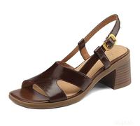 ITRHJTGP Sandales Femme Chaussures d'été polyvalentes for femmes, style rétro, à tête carrée, talons épais, bout ouvert pour fête(Brown,40)