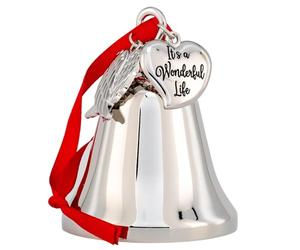 It's a Wonderful Life Inspired Christmas Angel Bell Ornament with Stainless Steel Angel Wing Charm. New Larger Size and Now Comes with 2 Interchangeable Ribbons. (Shiny Silver)