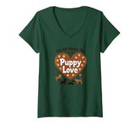 It's All About The Puppy Love - Adorable Amoureux des Chiens T-Shirt avec Col en V, Femme, Vert Forêt, XL