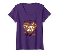 It's All About The Puppy Love - Adorable Amoureux des Chiens T-Shirt avec Col en V, Femme, Violet, S