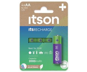 ITSON, AA piles rechargeables, lot de 4, capacité Min. 2000 mAh, pré-chargées, emballage à 95% de matériaux recyclés, made in Japan, idéales pour télécommandes, torches, horloges